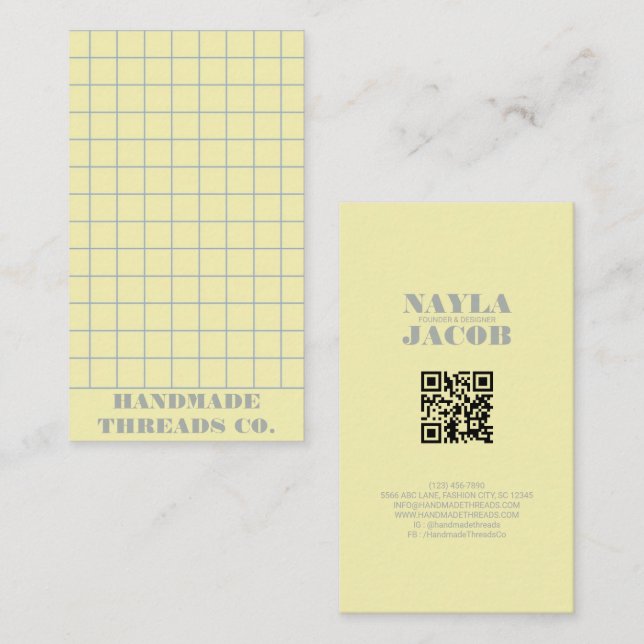Pale Yellow Checkered Pattern QR Code Business Card (Front/Back)