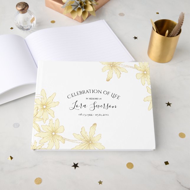 Pale Yellow Daisies Celebration of Life Memorial Guest Book (Front Open)