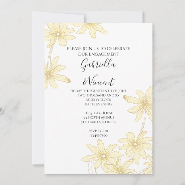 Pale Yellow Daisies on White Engagement Party Invitation (Front)