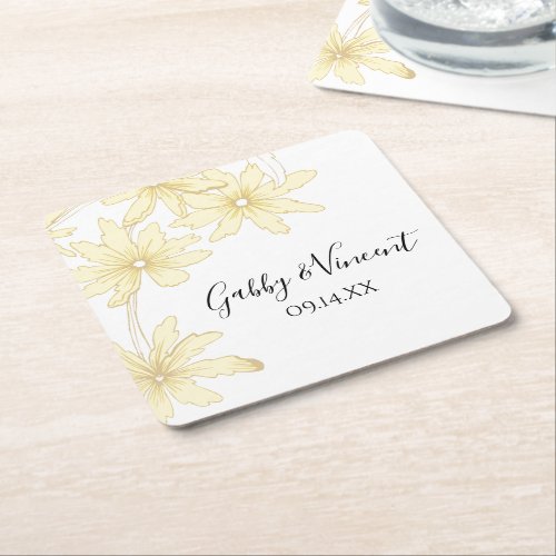 Pale Yellow Daisies Wedding Square Paper Coaster