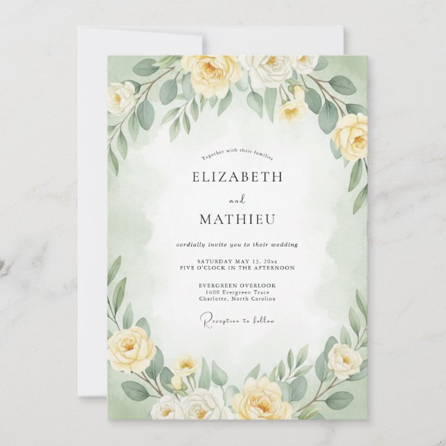 Pale Yellow Delicate Botanical Wedding Invitation (Front)