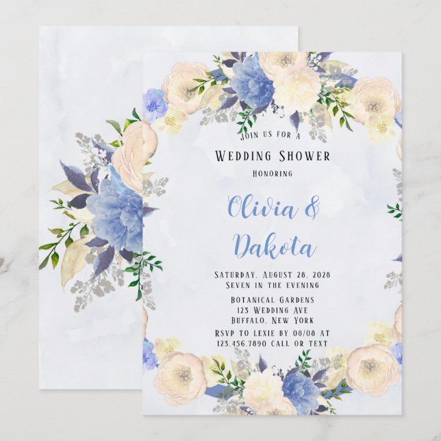 Pale Yellow Dusty Blue Peony Floral Wedding Shower Invitation (Front/Back)