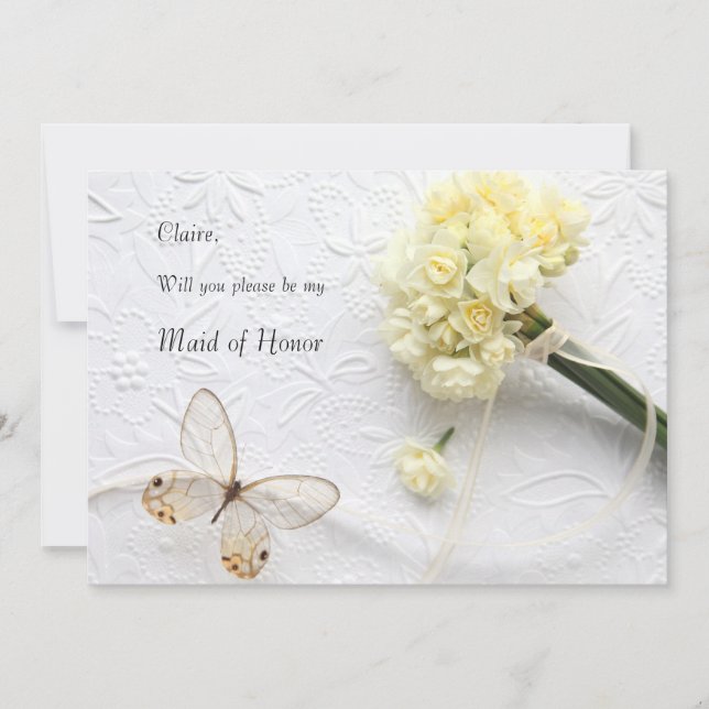 Pale yellow flowers with butterfly maid of honor invitation (Front)