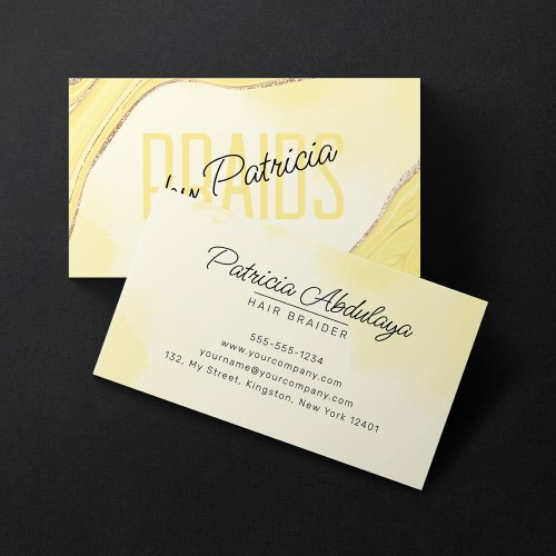 Pale Yellow Gold Glitter Agate Hair Braiding Salon Business Card