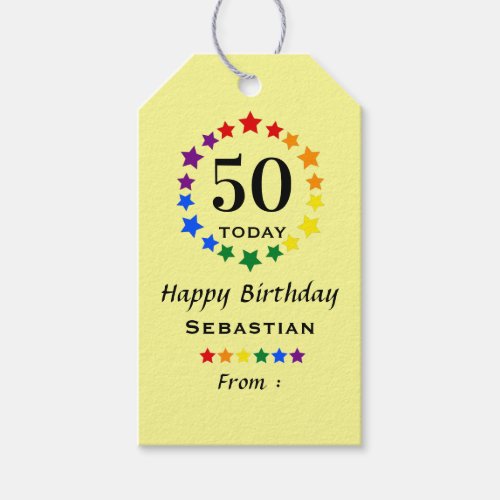 Pale Yellow LGBT Rainbow Stars 50 Today or any age Gift Tags