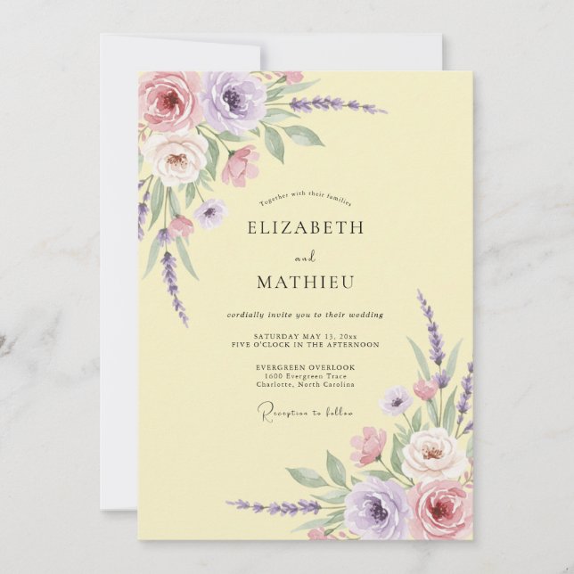 Pale Yellow Lilac Leafy Wedding Invitation (Front)