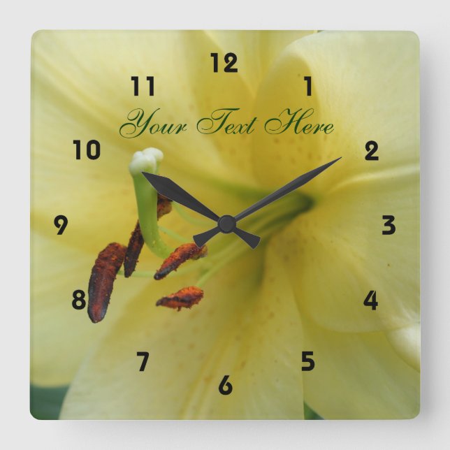 Pale Yellow Lily Flower Center Nature Personalized Square Wall Clock (Front)