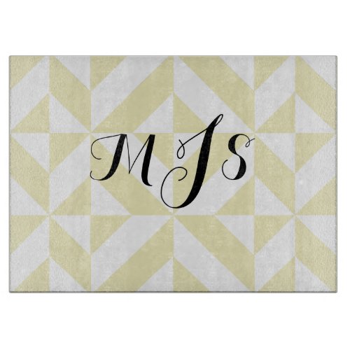 Pale Yellow Monogram Geometric Cube Pattern Cutting Board