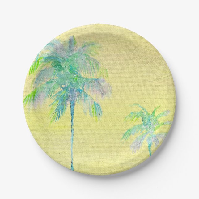 Pale Yellow Multicolour Palm Tree Paper Plates (Front)