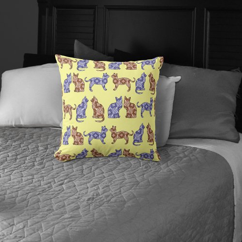 Pale Yellow Paisley Cats Pattern Throw Pillow