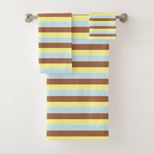 Pale Yellow Pastel Blue and Brown Stripes Bath Towel Set