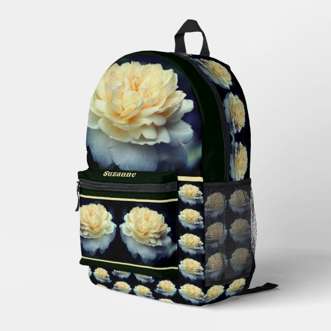 Pale Yellow Rose In Bloom Mirror Personalized Printed Backpack (Back Corner Right)