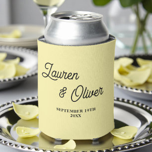 Pale Yellow Script Minimalist Wedding Can Cooler