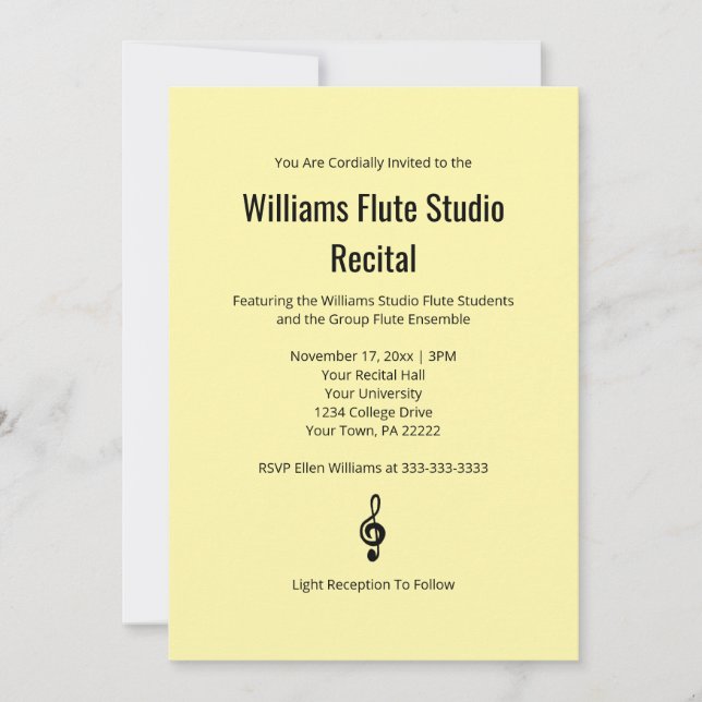 Pale Yellow Simple Treble Clef Flute Music Recital Invitation (Front)