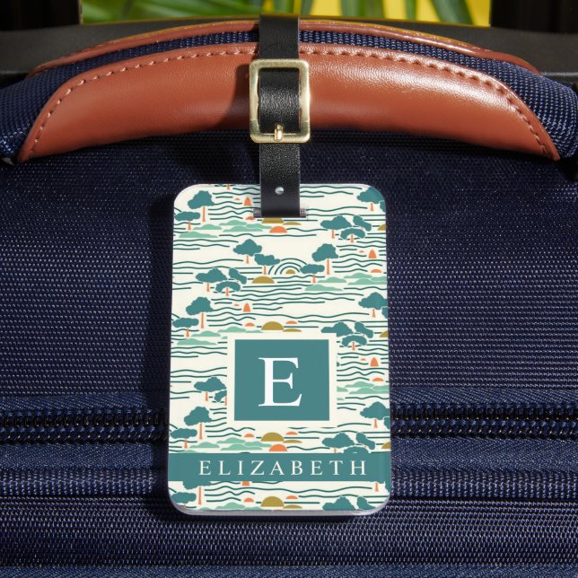 Pale Yellow Teal Green Abstract Pattern Luggage Tag (Front Insitu 2)