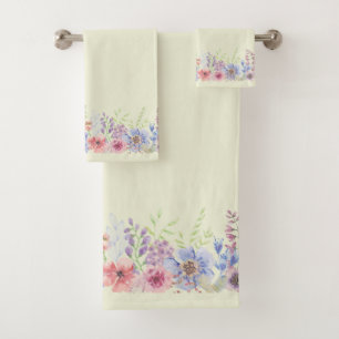 Pale Yellow & Watercolor Floral Garden Towel Set