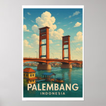 Palembang Indonesia Vintage Travel Poster 