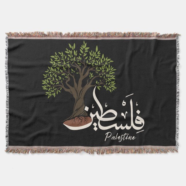 Palestine Arabic word with Palestinian Olive Tree  Throw Blanket (Front)