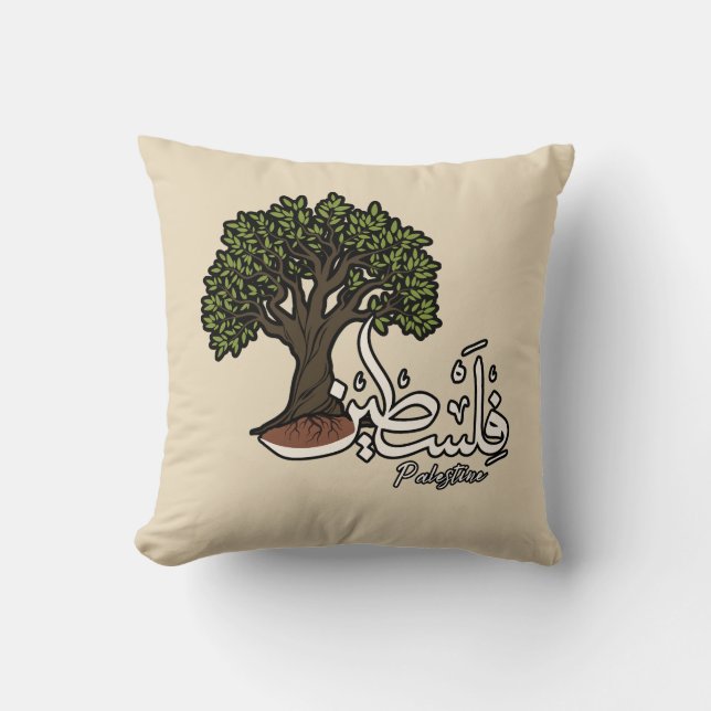 Palestine Arabic word with Palestinian Olive Tree  Throw Pillow (Front)