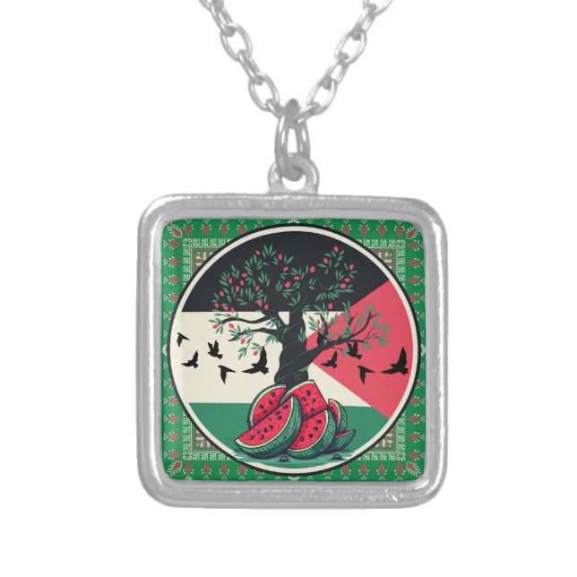 palestine culuture | palestine watermelon, olive t silver plated necklace (Front)