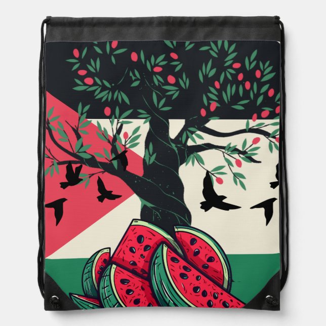 palestine culuture palestine watermelon olive tree drawstring bag (Front)