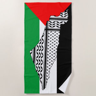 Palestine Flag and Map with Keffiyeg Pattern Beach Towel