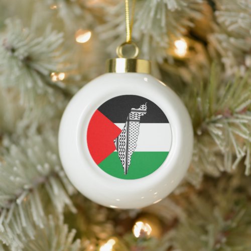 Palestine Flag and Map with Keffiyeg Pattern Ceramic Ball Christmas Ornament