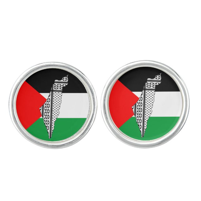 Palestine Flag and Map with Keffiyeg Pattern Cufflinks (Front)