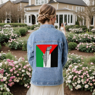  Palestine Flag and Map with Keffiyeg Pattern Denim Jacket