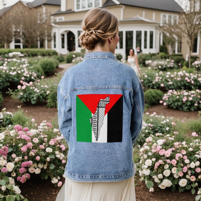  Palestine Flag and Map with Keffiyeg Pattern Denim Jacket (Wedding Back)