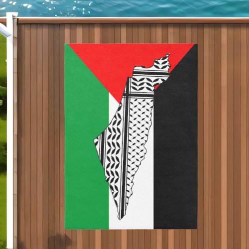 Palestine Flag and Map with Keffiyeg Pattern Outdoor Rug