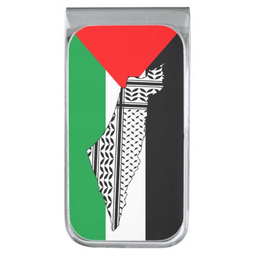 Palestine Flag and Map with Keffiyeg Pattern Silver Finish Money Clip