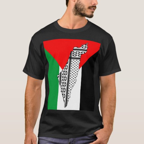  Palestine Flag and Map with Keffiyeg Pattern T_Shirt
