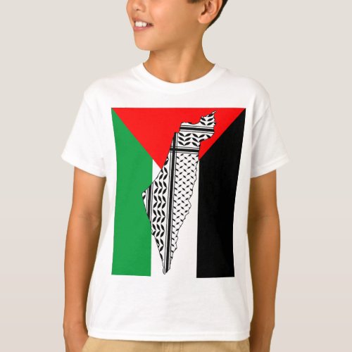 Palestine Flag and Map with Keffiyeg Pattern T_Shirt
