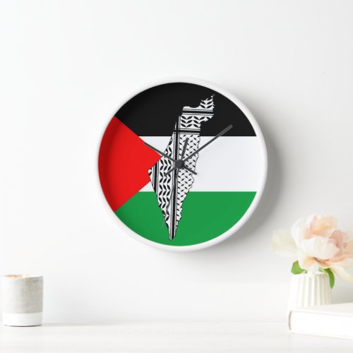 Palestine Flag and Map with Keffiyeh Pattern Clock