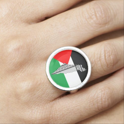Palestine Flag and Map with Keffiyeh Pattern Ring