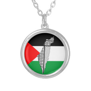Palestine Flag and Map with Keffiyeh Pattern Silver Plated Necklace