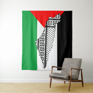 Palestine Flag and Map with Keffiyeh Pattern Tapestry