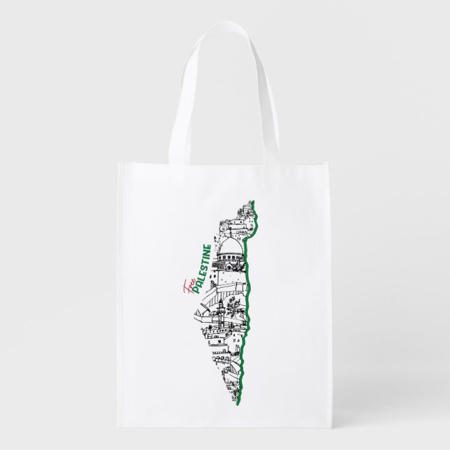 Palestine flag inside its map, Visit Palestine Grocery Bag (Front)