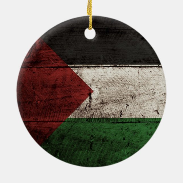 Palestine Flag on Old Wood Grain Ceramic Ornament (Back)