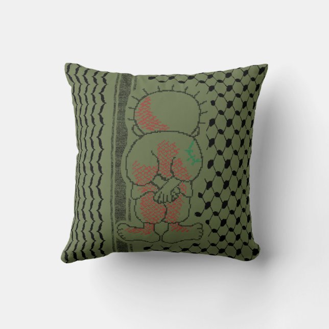 Palestine Handala Kufiya Pattern Olive Green Throw Pillow (Back)
