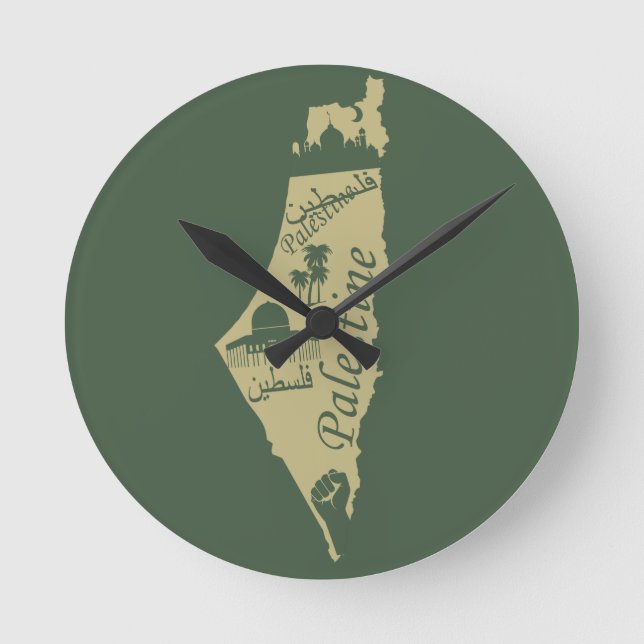 Palestine map illustration design palastinian art round clock (Front)