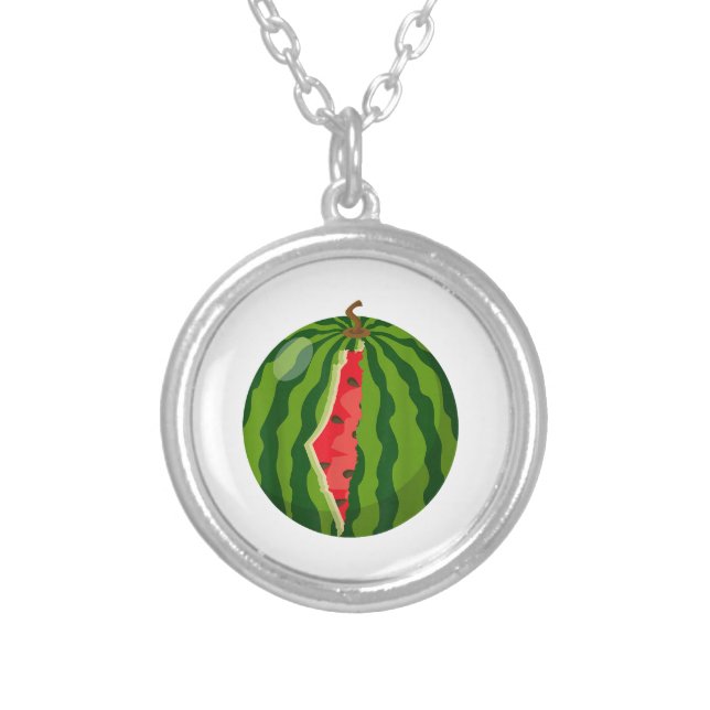 Palestine Map Watermelon Arabic Calligraphy Silver Plated Necklace (Front)