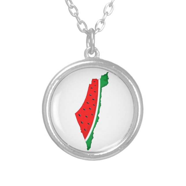 Palestine Map Watermelon Symbol of freedom Silver Plated Necklace (Front)