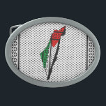 Palestine Map whith Flag and Keffiyeg Pattern Belt Buckle<br><div class="desc">Palestine Map whith Flag and Keffiyeh Pattern Design symbol of Resistance and Freedom. Fast forward to the 1960s and the rise of the Palestinian resistance movement, the prominent Palestinian politician, Yasser Arafat, further solidified this meaning behind the keffiyeh. The keffiyeh became Arafat’s personal trademark as he draped it over his...</div>