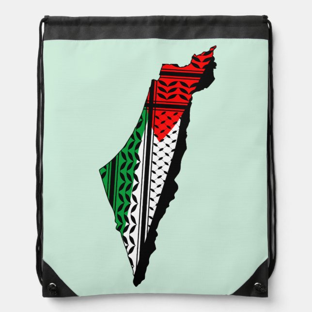 Palestine Map whith Flag and Keffiyeg Pattern Drawstring Bag (Front)