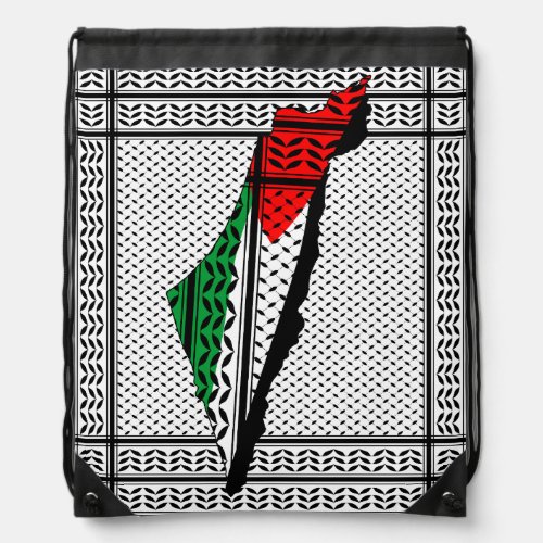 Palestine Map whith Flag and Keffiyeg Pattern Drawstring Bag