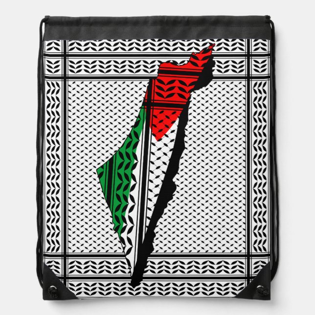 Palestine Map whith Flag and Keffiyeg Pattern Drawstring Bag (Front)