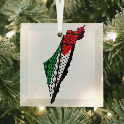 Palestine Map whith Flag and Keffiyeg Pattern Glass Ornament
