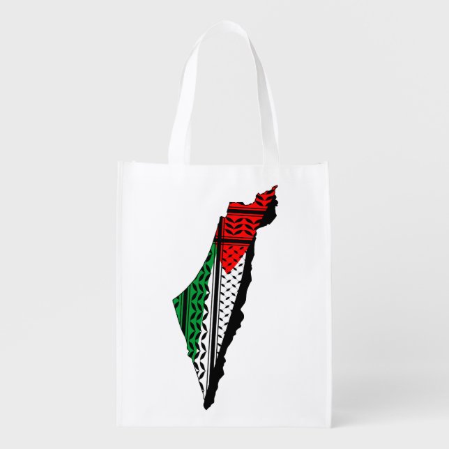 Palestine Map whith Flag and Keffiyeg Pattern Grocery Bag (Front)